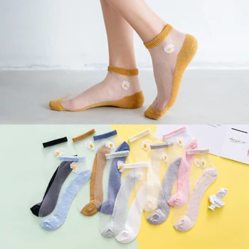 1 Пара летних ультратонких женских носков из прозрачного шелка в корейском стиле, женские носки до щиколоток с маленькими маргаритками
