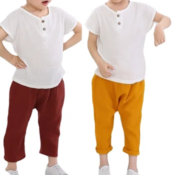2 шт./компл. Хлопковые льняные детские брюки, летние Новые однотонные брюки для мальчиков и девочек + футболка, Детские шаровары, детская одежда, дети