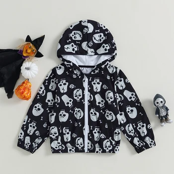 2023-06-22 Lioraitiin от 2 до 6 лет для маленьких мальчиков Пальто на Хэллоуин с длинным рукавом и принтом Черепа на молнии с капюшоном Осенняя верхняя одежда
