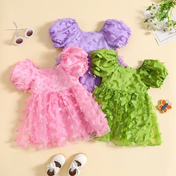 2023-06-25 Lioraitiin От 0 до 4 лет Летнее платье принцессы Для маленьких девочек С Коротким Пышным рукавом и 3D Бабочкой из тюля с декором в виде бабочки