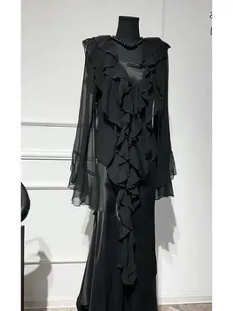2023 autumn new high-end exquisite drape black dress women's irregular gentle long dress платье черное шифоновое платье