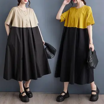 2023 Весенне-летняя Женская одежда с коротким рукавом, Новая Корейская версия, свободное, большого размера, Сшитое Повседневное Простое Милое платье-рубашка Z2583
