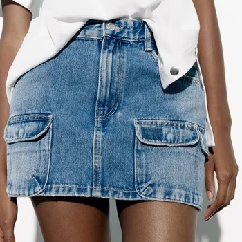 2023 Женские мини-джинсовые юбки, женские модные юбки трапециевидной формы с высокой талией и карманами, молодежная юбка в стиле ретро, простое сочетание, женские юбки