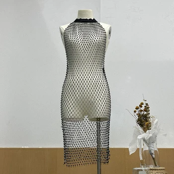 2023 Новое Облегающее платье без рукавов из эластичной сетки со стразами, Блестящее Женское Модное Сексуальное платье без спинки