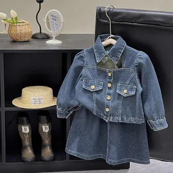 2023 Новый комплект из 2 предметов для девочек, джинсовое пальто + юбка, Осенние хлопковые модные костюмы для девочек 2-8 лет, PP38