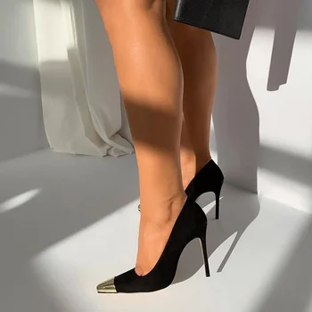 2023 Новый стиль, обувь большого размера для женщин 45, 46, 47, черные туфли на шпильке с острым металлическим носком, классические замшевые туфли-лодочки