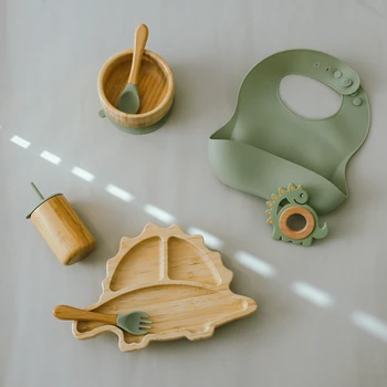 7шт Бамбуковая деревянная тарелка с динозавром Принадлежности для кормления Детская посуда Присоска Чаша Аксессуары для новорожденных без BPA