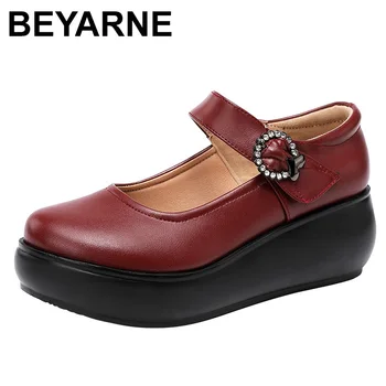 BEYARNE / 2020 г. весенне-осенние кожаные женские модные туфли-лодочки на высоком каблуке и танкетке черного цвета, женская обувь на платформе, большие размеры 33-43