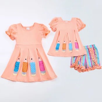 Girlymax Back To School Летняя одежда для братьев и сестер для маленьких девочек из бутика в цветную полоску, хлопковое платье с вышивкой карандашом, комплект шорт
