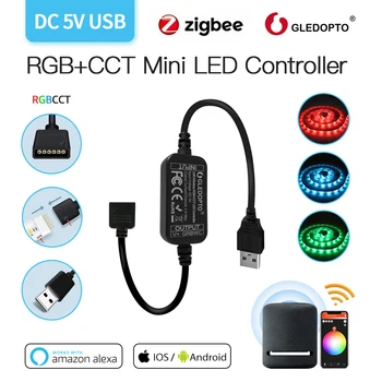 Gledopto Zigbee DC5V Mini RGBCCT Контроллер 2 м Светодиодная Лента Подходит Для Подсветки телевизора Работает С SmartThings SmartLife APP Control