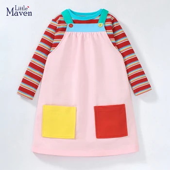 Little maven 2023, Платья на бретельках для маленьких девочек, Осенний хлопковый топ с длинными рукавами + платье, одежда для детей, девочки, Дети 2-7 лет