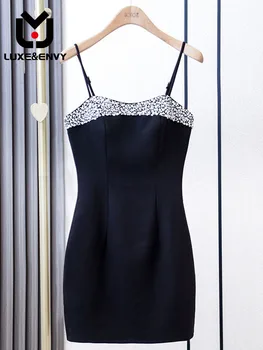 LUXE & ENVY [] Yi's Same Сексуальное черное платье на бретельках, женское короткое платье трапециевидной формы, усыпанное бриллиантами