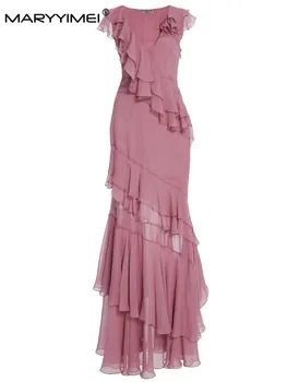 MARYYIMEI Модное весенне-летнее женское сексуальное вечернее платье с V-образным вырезом и многоуровневыми оборками, модные элегантные праздничные длинные платья