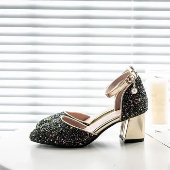 MODX Туфли на каблуке для девочек Блестящие туфли для девочек, принцессы для девочек, черные вечерние туфли для детей с острым носком