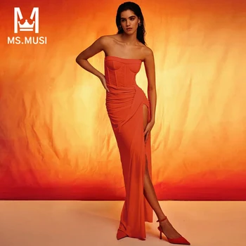 MSMUSI 2023, Новая Модная Дизайнерская Женская Сексуальная Кружевная сетка без бретелек, Облегающее платье без рукавов с разрезом для вечеринок, Длинное платье