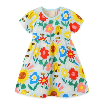 QK8231 2023 Летнее новое платье для девочек, трикотажное хлопковое платье принцессы с коротким рукавом и цветочным принтом