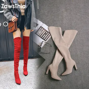 QPLYXCO / 2020 г. зимние осенние эластичные сапоги до бедра женская обувь на высоком каблуке сапоги выше колена женские сапоги выше колена