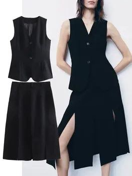 TRAF 2023 Женский юбочный костюм, модный однобортный жилет, топы + Длинные юбки с разрезом на высокой талии, комплекты из 2 предметов, женская одежда