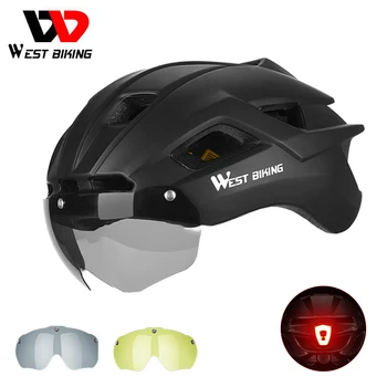 WEST BIKING Велосипедный шлем с задним фонарем MTB Велоспорт Мужские и женские Защитные очки Шлем Дорожный велосипед Цельнолитая Защитная шляпа для снаряжения