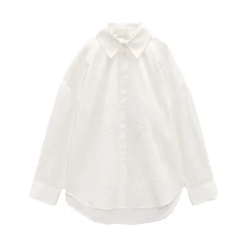 Zach AiIsa/ новая женская высококачественная модная темпераментная рубашка с отворотом и полой вышивкой, универсальная свободная повседневная верхняя рубашка с длинными рукавами
