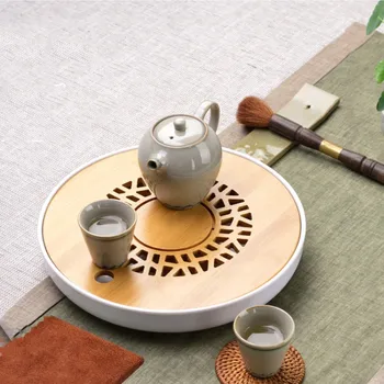 Бамбуковый чайный поднос Бытовая простая чайная тарелка Прямоугольный чайный столик Сливная чайная доска Аксессуары для украшения чайного сервиза Подставка для горшка