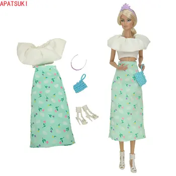 Бело-зеленый комплект модной одежды с цветочным рисунком для куклы Барби; Белый топ ручной работы; юбка; Обувь; сумка-корона для кукол Barbie 1/6; Аксессуары для кукол