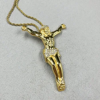 Большое мужское ожерелье в стиле хип-хоп, подвеска в виде креста Иисуса со стразами, Цепочка золотого цвета для женщин, Голова, лицо, христианские модные украшения