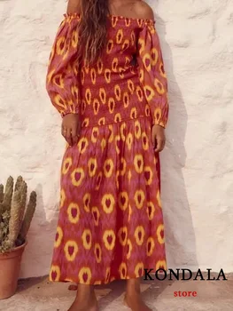 Винтажное Шикарное женское платье KONDALA с геометрическим принтом, вырезом лодочкой, длинным рукавом, оборками, Свободное платье, мода 2023, Летние праздничные платья