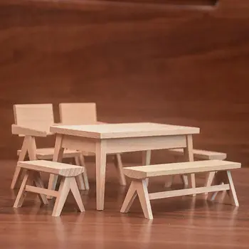 Деревянный стол для кукольного домика, стул, аксессуары для кукол в масштабе 1: 12 Миниатюрный табурет, скамейка, игровой домик, реквизит для фотосъемки, Мини-обеденный стол
