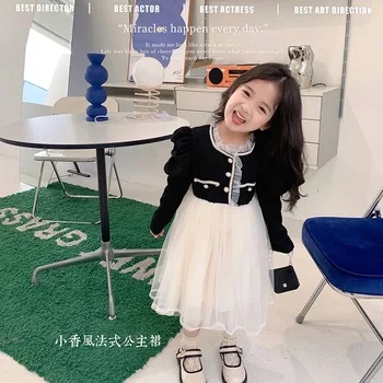Детская одежда Весна-осень 2023, вязаное платье в западном стиле для девочек, новое Корейское милое Элегантное платье принцессы с рукавами-пузырями