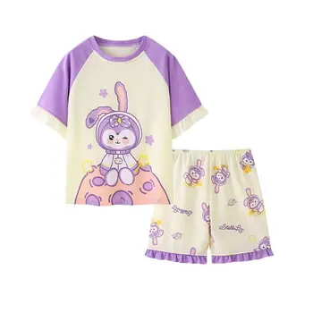 Детские пижамы, Летний пижамный комплект из чесаного хлопка для девочек и мальчиков с короткими рукавами, домашняя одежда с героями мультфильмов 