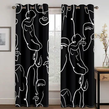 Дешевые 100*130 см Абстрактное искусство Современное простое черное лицо Тонкие шторы на окна для гостиной Декор спальни 2 шт. Бесплатная доставка