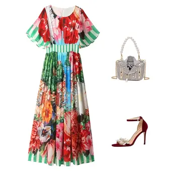 Европейская и европейская мода, богемный праздничный стиль, Летняя женская одежда 2023, платье с круглым вырезом и короткими рукавами в розовую полоску, платье с принтом