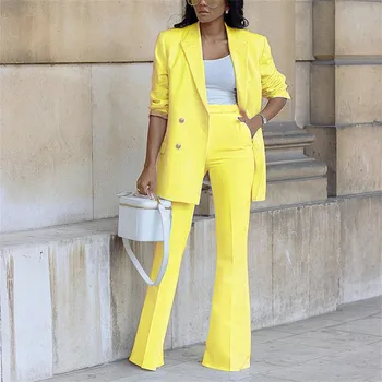 Желтые женские костюмы, элегантные брючные комплекты, осенний новый комплект из двух предметов с длинным рукавом, женский офисный блейзер, женская повседневная одежда, одежда