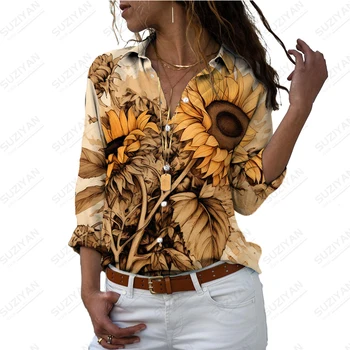 Женская весенне-осенняя рубашка с длинным рукавом с 3D принтом Подсолнуха, модная свободная рубашка, простой удобный топ