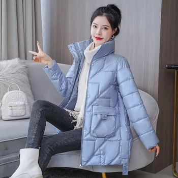 Женская куртка Зимняя с глянцевым воротником-стойкой, большим карманом, Свободное пуховое хлопчатобумажное пальто, повседневная парка средней длины