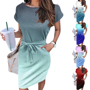 Женская летняя модная футболка с коротким рукавом, платье с градиентом, модный сарафан с завязками на талии и карманами, вечерние платья для женщин