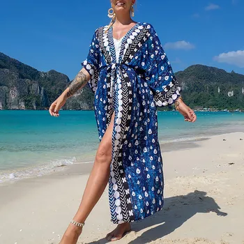 Женская мода, сексуальный свободный пляжный купальник с принтом, праздничный длинный кардиган