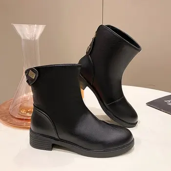Женская обувь на среднем каблуке 2023, Новое зимнее дизайнерское уютное платье, Зимние ботинки-лодочки, модные повседневные теплые ботинки Челси в готическом стиле