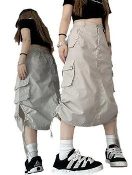 Женские модные юбки миди в стиле хип-хоп с разрезами, юбка-трапеция с карманами на шнурках, Американская уличная одежда, юбки-карго