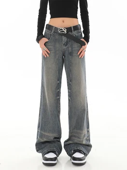Женские синие джинсы, винтаж 2000-х, Y2k, мода 90-х, эстетичные мешковатые джинсовые брюки, Корейские Ковбойские брюки с высокой талией и широкими штанинами, одежда
