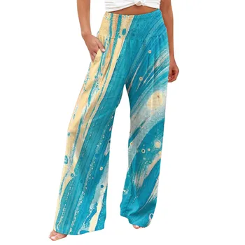 Женские широкие брюки с цветочным принтом и карманами, новинка лета 2023, пляжные брюки в стиле бохо, Хлопчатобумажные льняные эластичные брюки с высокой талией