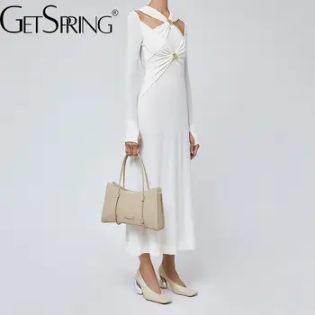 Женское платье GetSpring 2023, осень, с открытыми плечами, с металлической пряжкой, вязаное длинное платье, винтажное, длинный рукав, тонкое платье с высокой талией