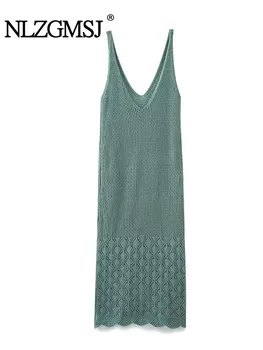 Женское платье Миди без рукавов Nlzgmsj TRAF во французском стиле с V-образным вырезом, сексуальное открытое дизайнерское шикарное нежное винтажное трикотажное платье
