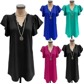 Женское повседневное платье с глубоким V-образным вырезом и оборками, женский летний однотонный пляжный сарафан, свободное платье, мини-шифоновые платья