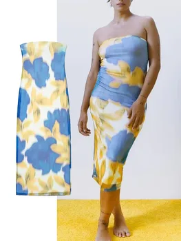 Женское тюлевое платье TRAF, новое модное длинное платье с открытыми плечами 2023, женские вечерние платья с открытой спиной для платья с принтом