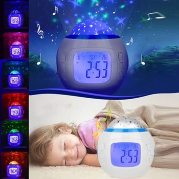 Звездная проекторная лампа Ночник с батарейным питанием, будильник, проекционная лампа с календарем, термометр, Многофункциональная прикроватная лампа