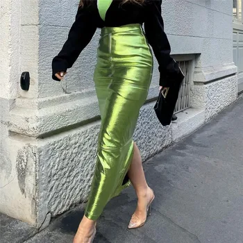 Зеленая металлическая Длинная юбка для женщин с высокой талией Летние облегающие модные низы для уличной одежды Элегантная раздельная женская одежда Прямая поставка