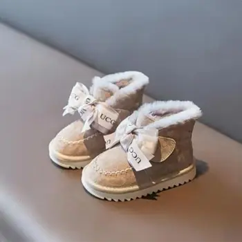 Зима 2023, Зимние ботинки для девочек, бархатные теплые хлопчатобумажные сапоги, детские короткие сапоги принцессы с утепленным бантом
