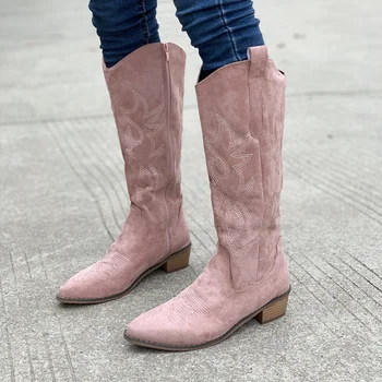 Ковбойские сапоги в западном стиле с острым носком, женская обувь, осень-зима 2023, женские ботинки с вышивкой в стиле ретро, модные розовые сапоги на толстом каблуке, Zapatos